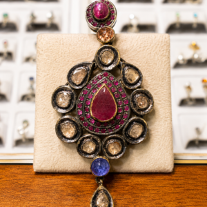 Ruby, Sapphire & Diamond Teardrop Statement Pendant